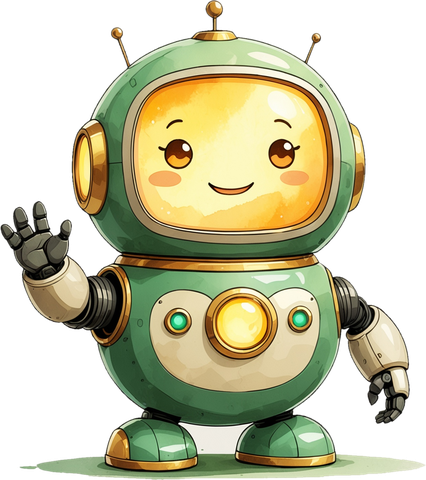 Jarvis, a friendly green and gold robot, waving